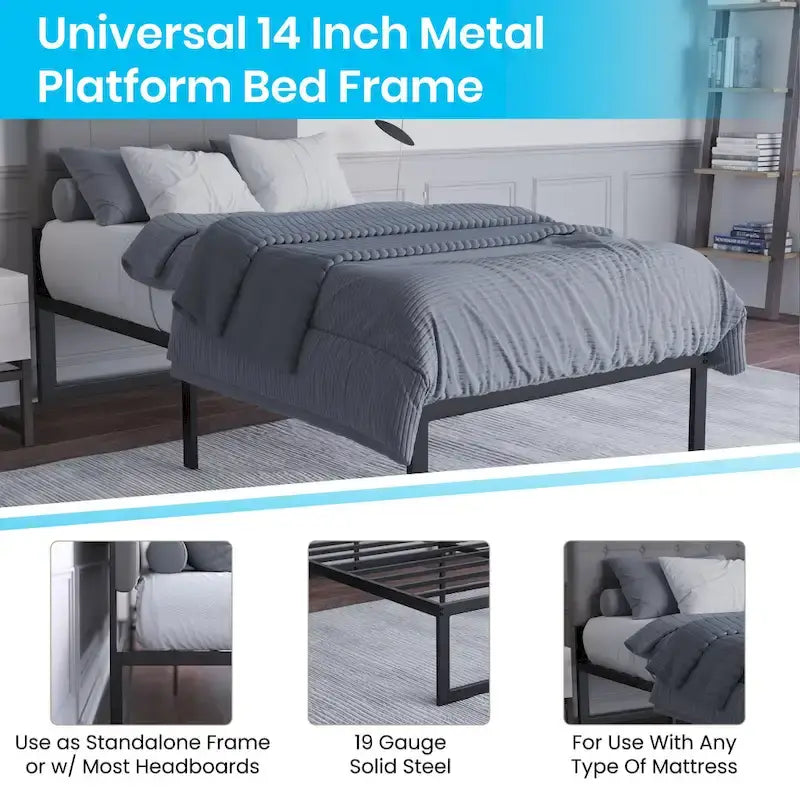 Heavy-Duty Black Steel Platform Bed Frame with Storage Clearance