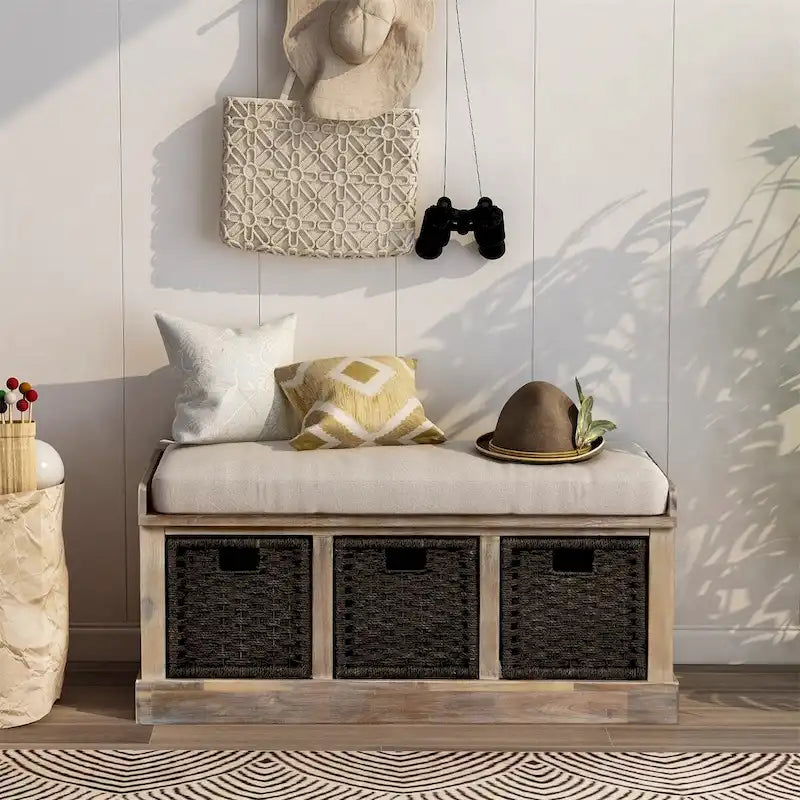 Rustic Wood Storage Bench with Cushion and 3 Woven Baskets