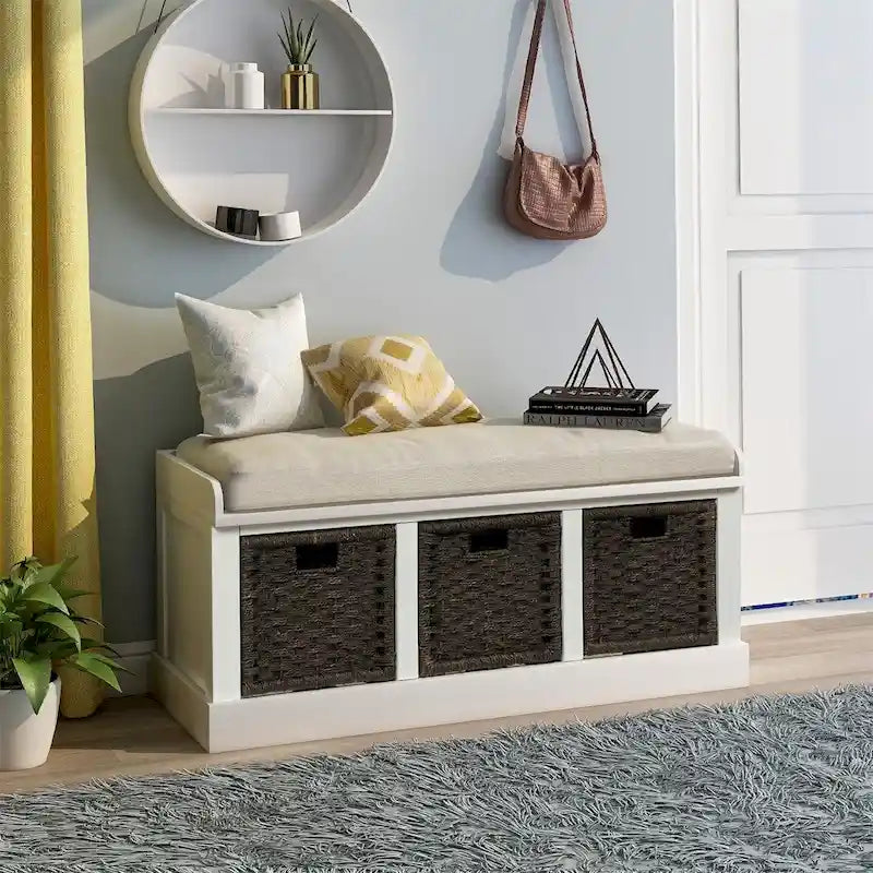 Rustic Wood Storage Bench with Cushion and 3 Woven Baskets
