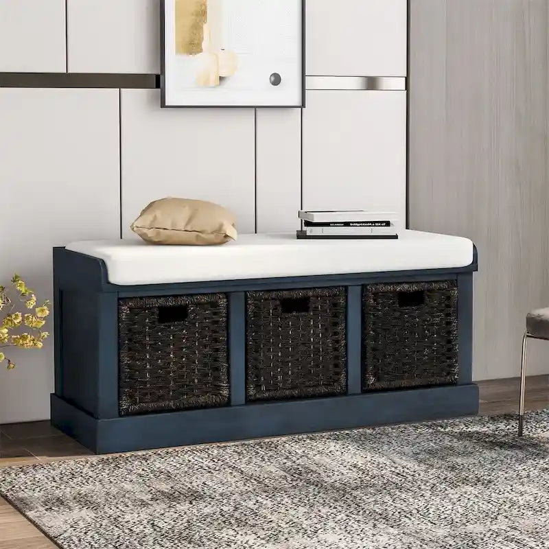 Rustic Wood Storage Bench with Cushion and 3 Woven Baskets