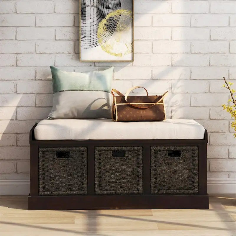 Merax Entryway Storage Bench with 3 Removable Baskets and Cushion