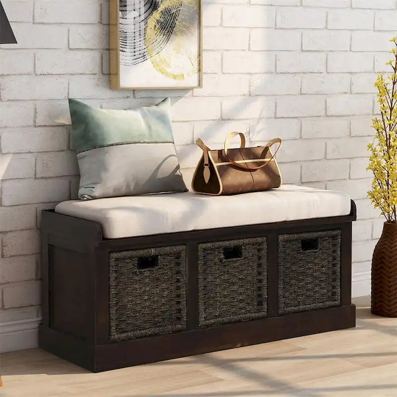 Rustic Wood Storage Bench with Cushion and 3 Woven Baskets