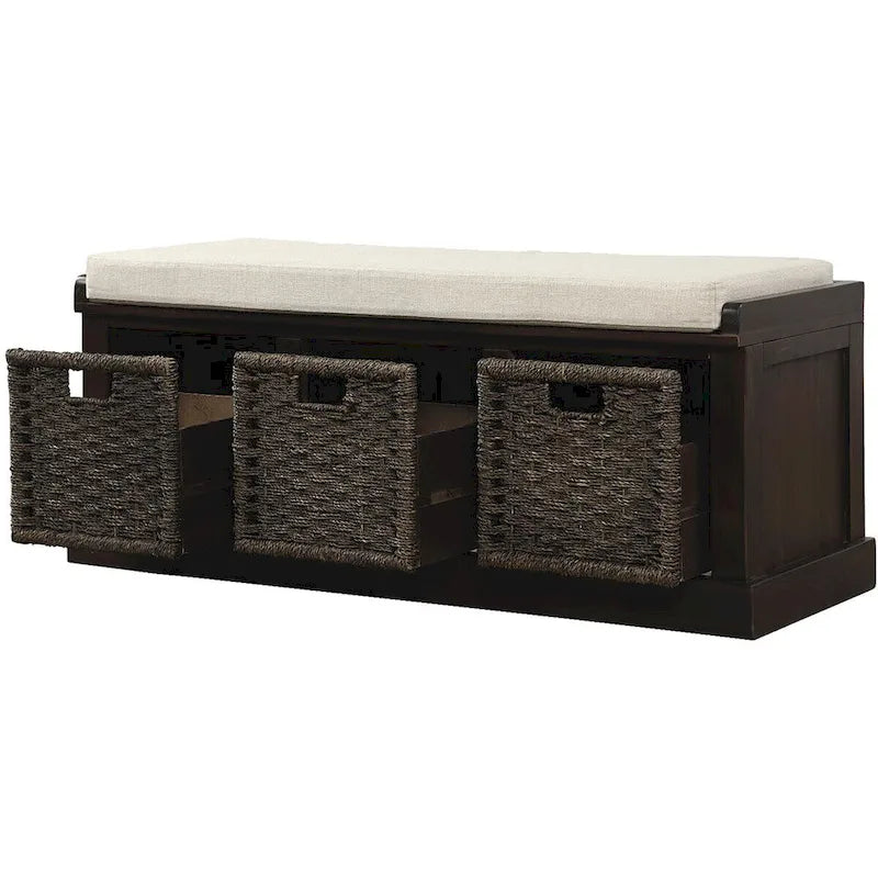 Rustic Wood Storage Bench with Cushion and 3 Woven Baskets