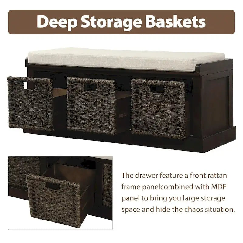 Rustic Wood Storage Bench with Cushion and 3 Woven Baskets