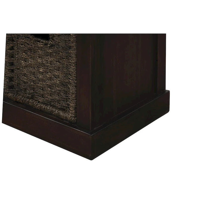 Rustic Wood Storage Bench with Cushion and 3 Woven Baskets