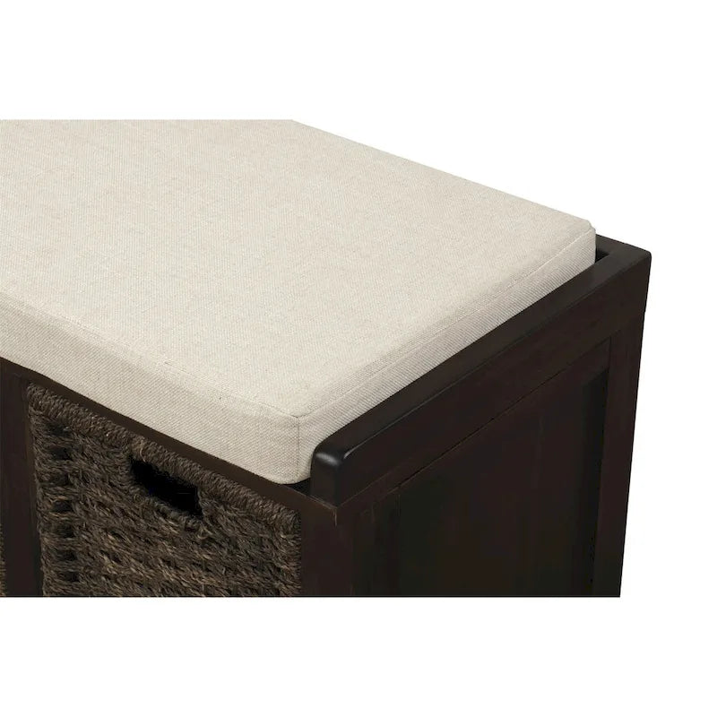 Rustic Wood Storage Bench with Cushion and 3 Woven Baskets