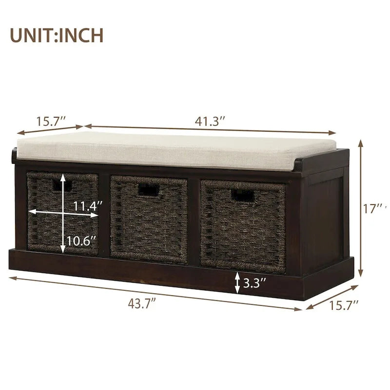 Rustic Wood Storage Bench with Cushion and 3 Woven Baskets