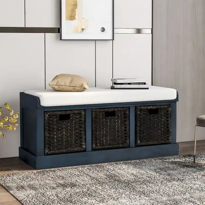 Rustic Wood Storage Bench with Cushion and 3 Woven Baskets