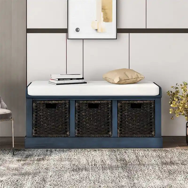 Rustic Wood Storage Bench with Cushion and 3 Woven Baskets