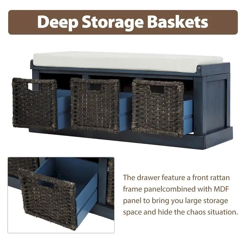 Rustic Wood Storage Bench with Cushion and 3 Woven Baskets