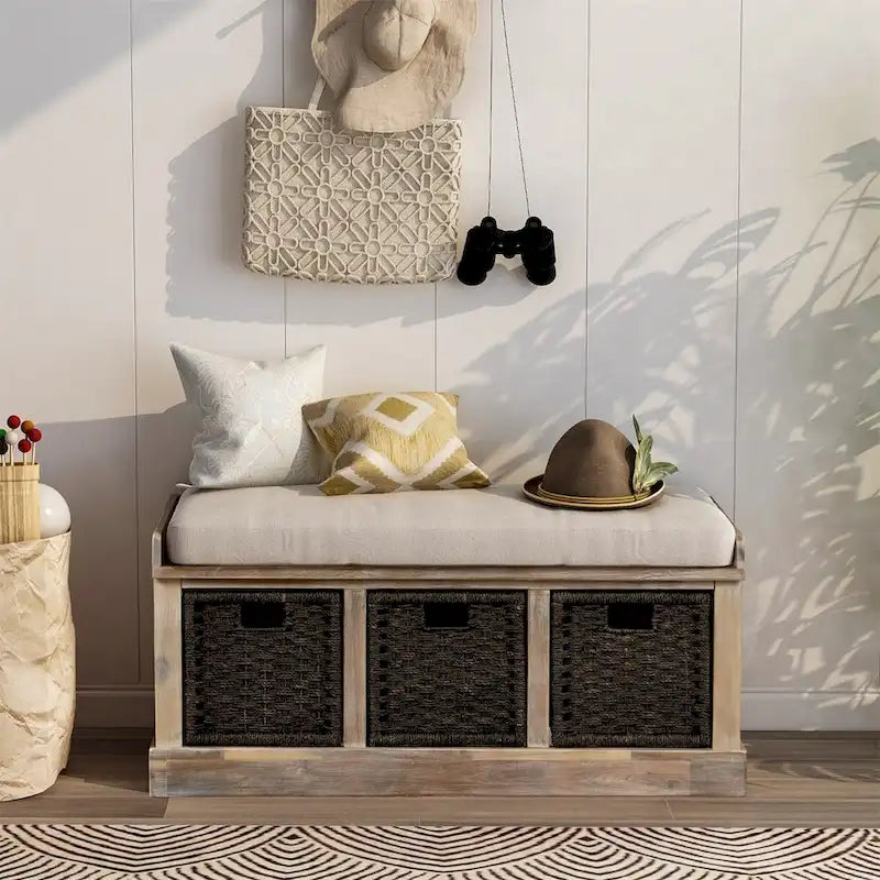 Rustic Wood Storage Bench with Cushion and 3 Woven Baskets