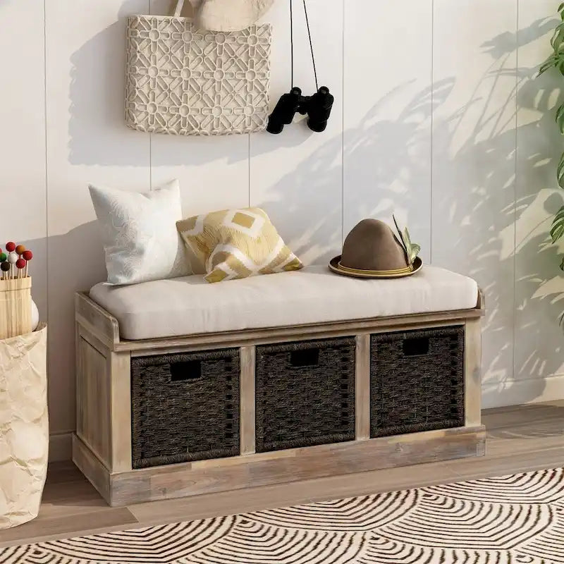 Rustic Wood Storage Bench with Cushion and 3 Woven Baskets