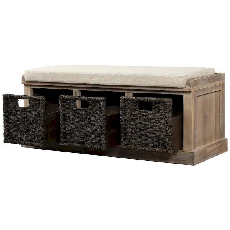 Rustic Wood Storage Bench with Cushion and 3 Woven Baskets