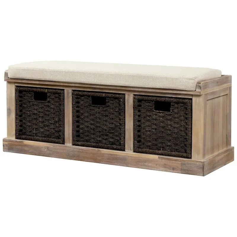 Rustic Wood Storage Bench with Cushion and 3 Woven Baskets