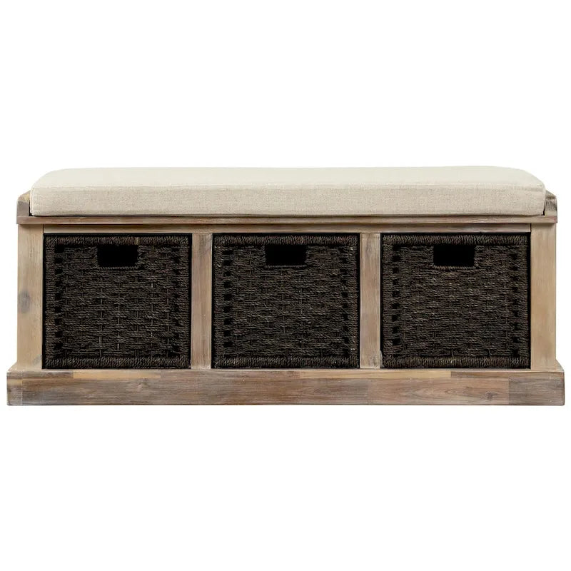 Rustic Wood Storage Bench with Cushion and 3 Woven Baskets