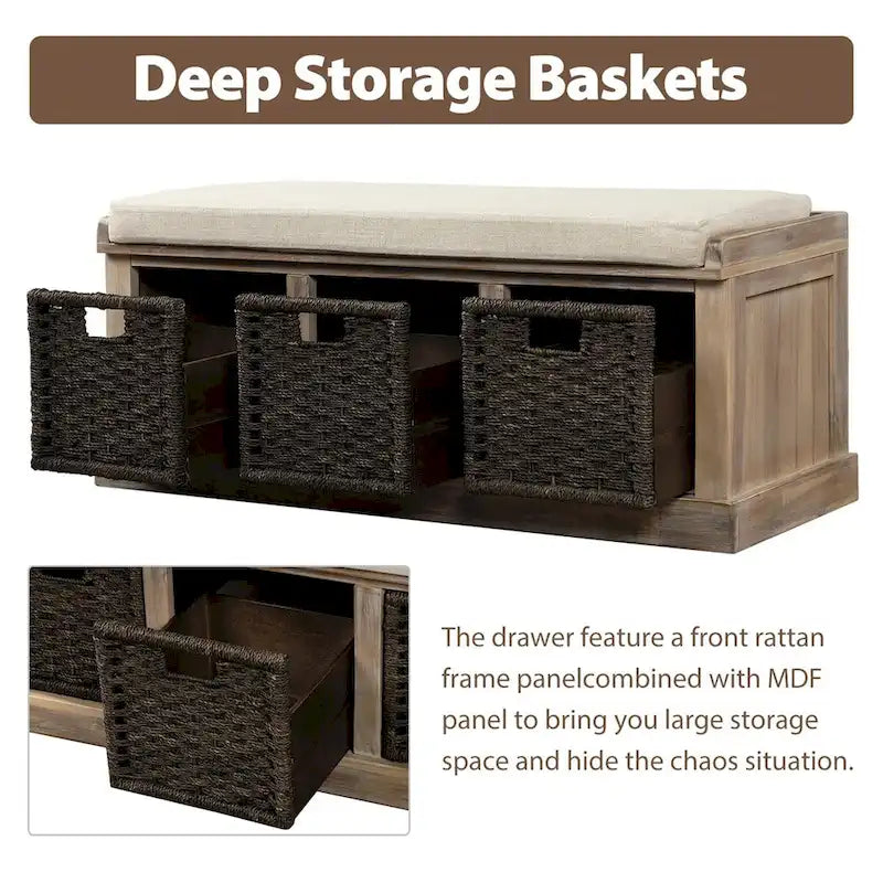 Rustic Wood Storage Bench with Cushion and 3 Woven Baskets