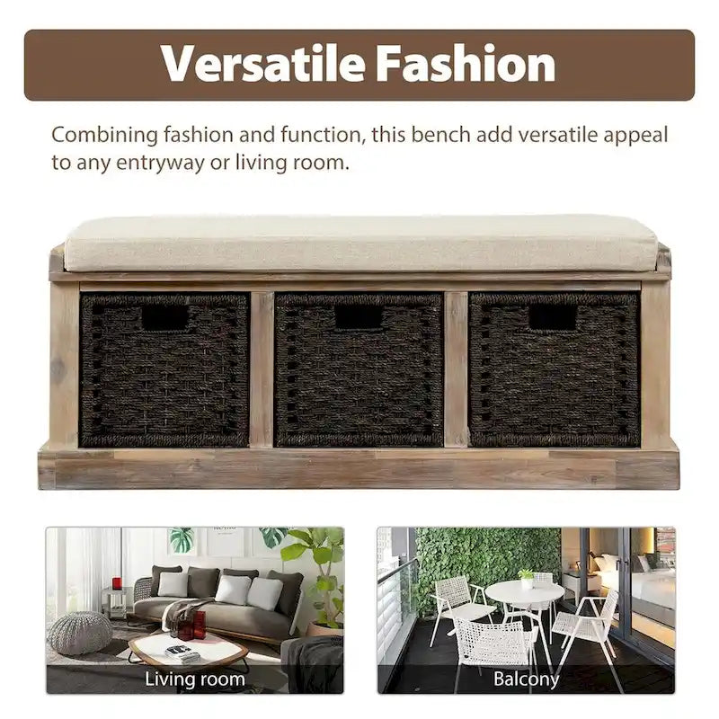 Rustic Wood Storage Bench with Cushion and 3 Woven Baskets