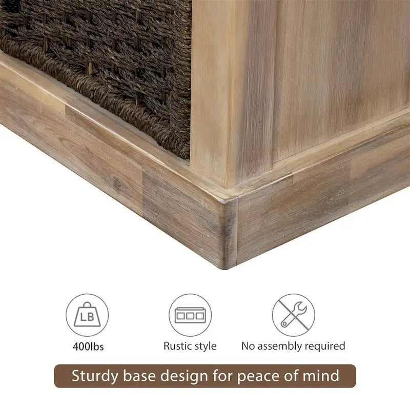 Rustic Wood Storage Bench with Cushion and 3 Woven Baskets