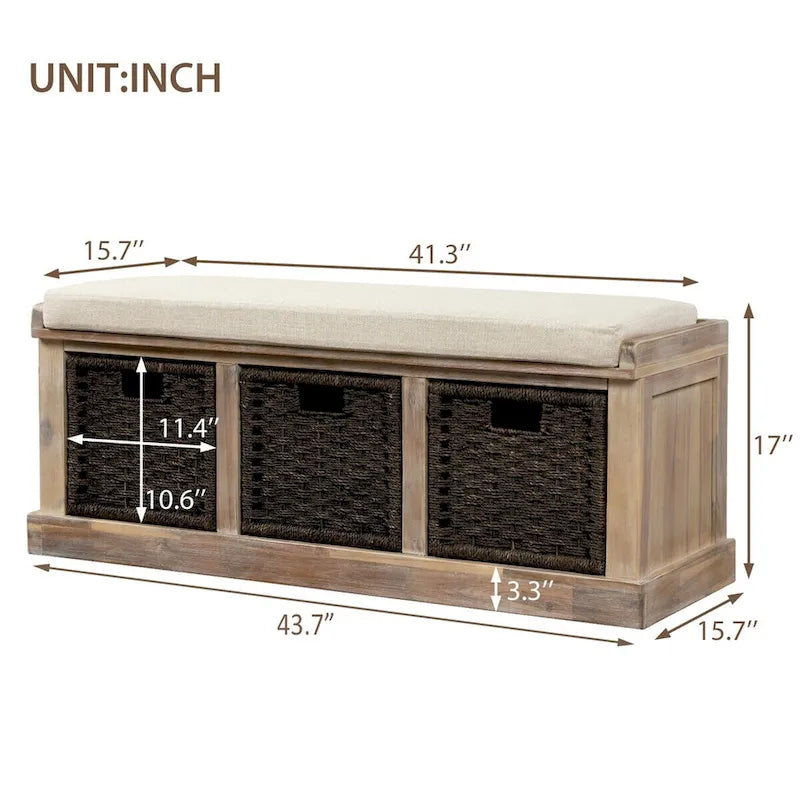 Rustic Wood Storage Bench with Cushion and 3 Woven Baskets