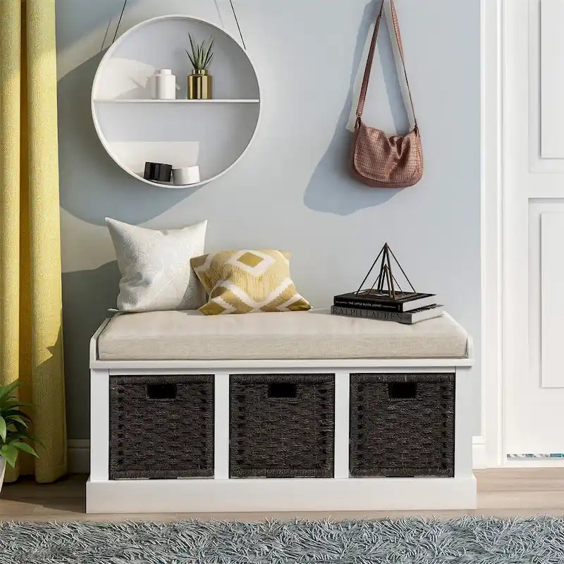 Rustic Wood Storage Bench with Cushion and 3 Woven Baskets
