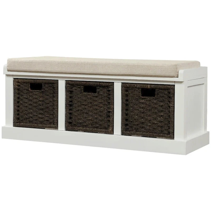 Rustic Wood Storage Bench with Cushion and 3 Woven Baskets