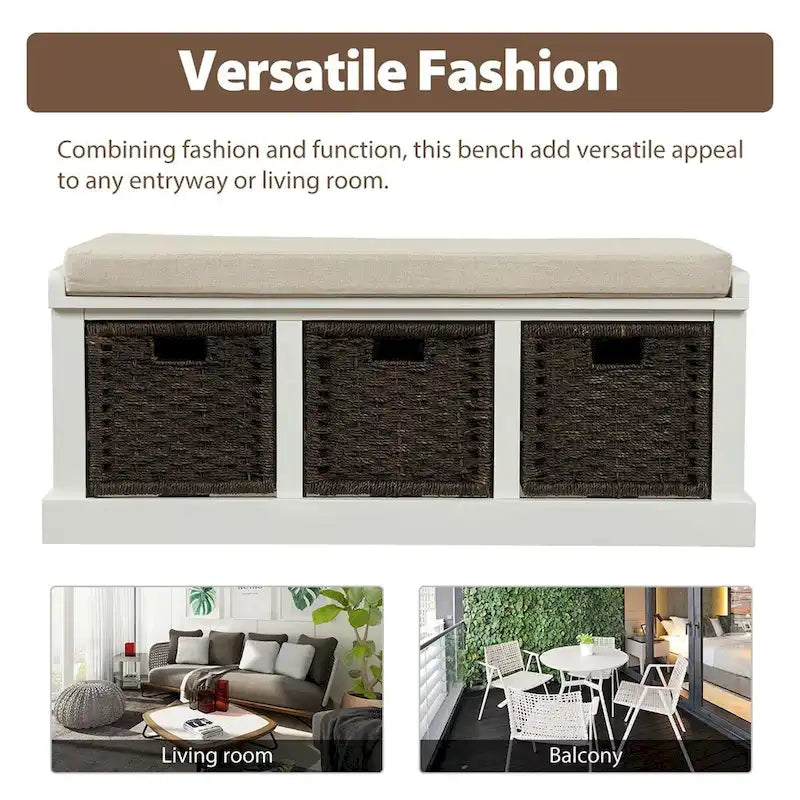Rustic Wood Storage Bench with Cushion and 3 Woven Baskets