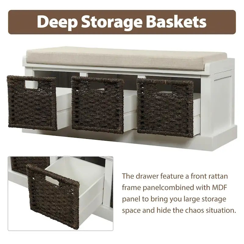 Rustic Wood Storage Bench with Cushion and 3 Woven Baskets