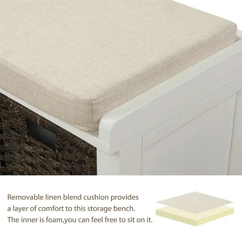 Rustic Wood Storage Bench with Cushion and 3 Woven Baskets