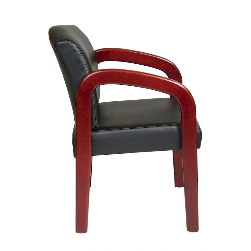 Black Leather Padded Armchair with Cherry Wood Frame and Arms