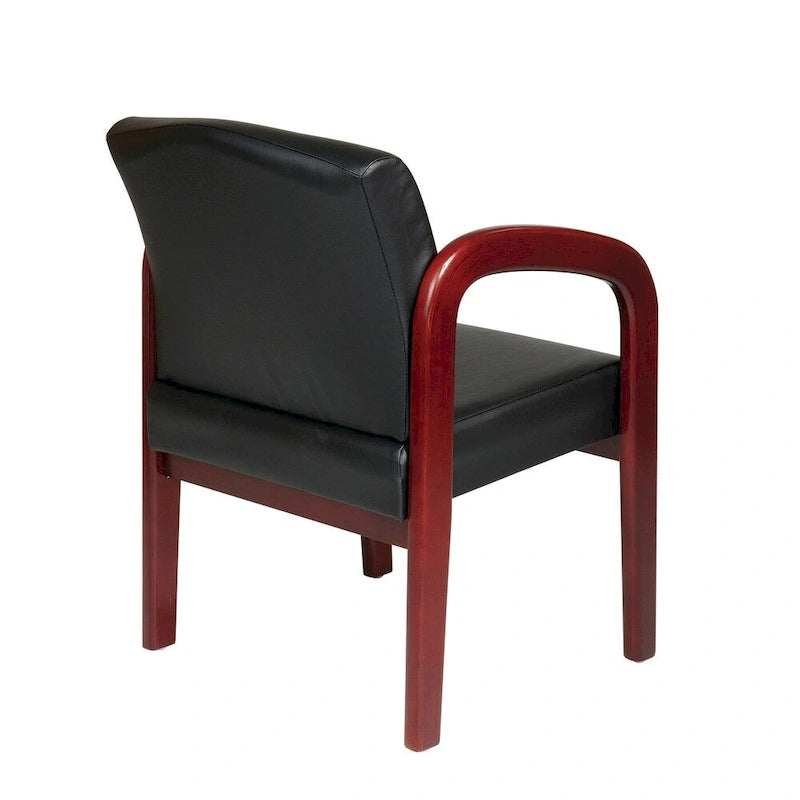 Black Leather Padded Armchair with Cherry Wood Frame and Arms