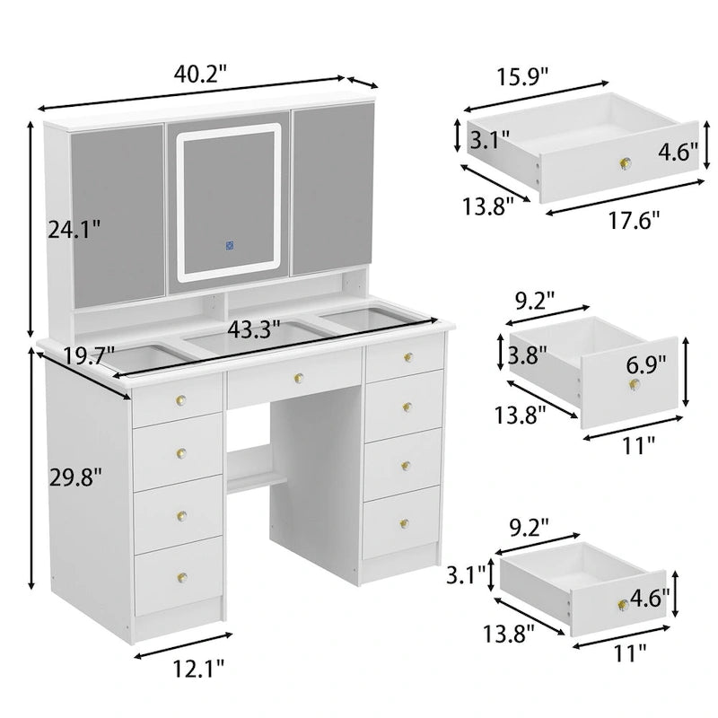 White Makeup Vanity Table with LED Mirror Lights 9 Drawers Gold Handles