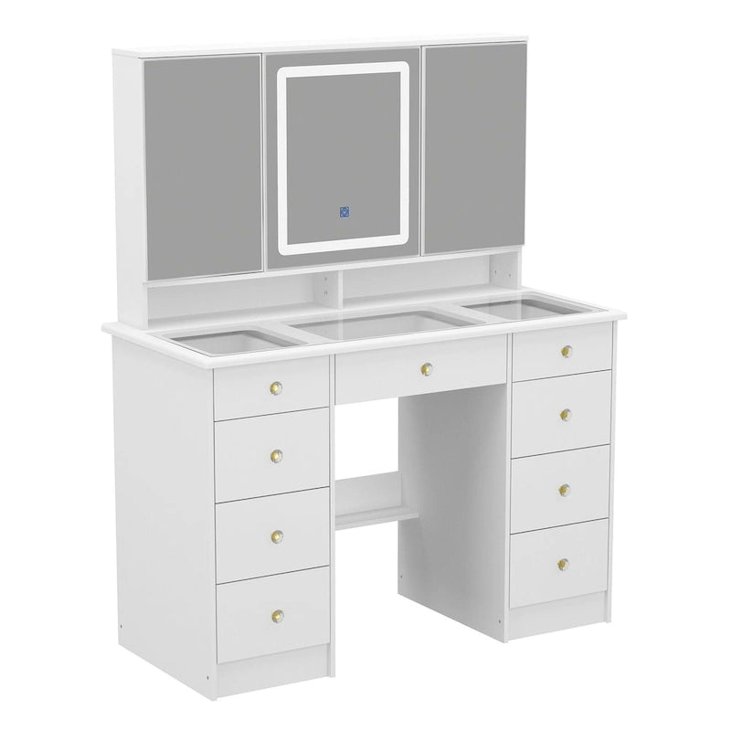 White Makeup Vanity Table with LED Mirror Lights 9 Drawers Gold Handles