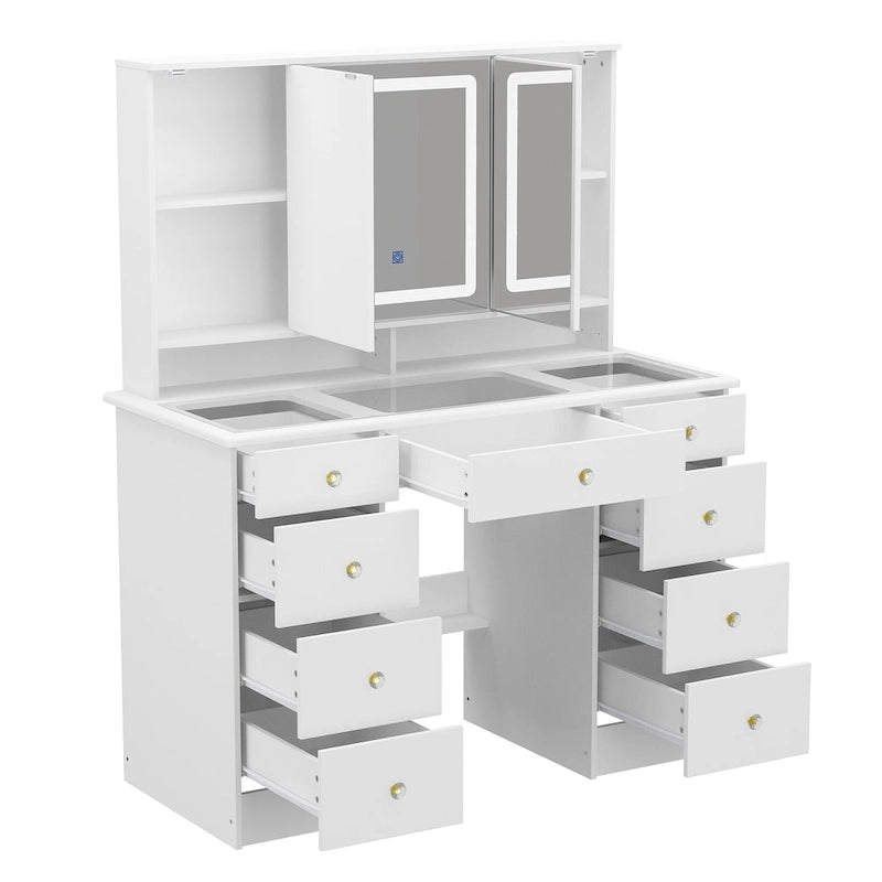 White Makeup Vanity Table with LED Mirror Lights 9 Drawers Gold Handles