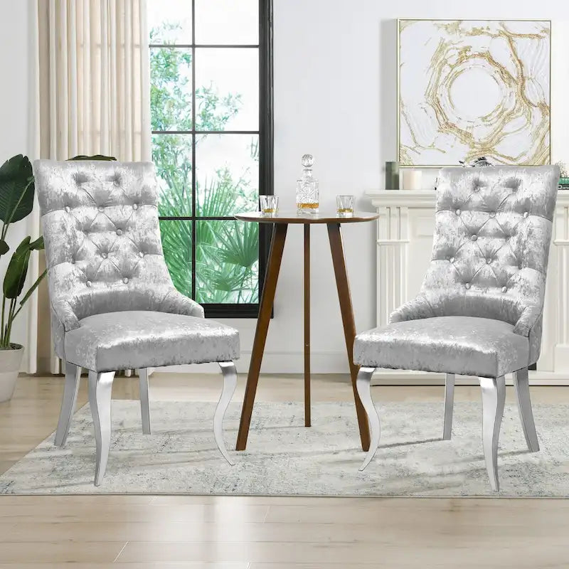 Tufted Velvet Wingback Dining Chair Button-Tufted Backrest Silver Metal Legs