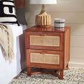 Rattan Panel 2-Drawer Mindi Wood Nightstand Accent Table Natural Brown