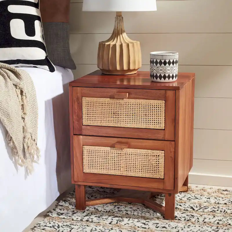 Rattan Panel 2-Drawer Mindi Wood Nightstand Accent Table Natural Brown
