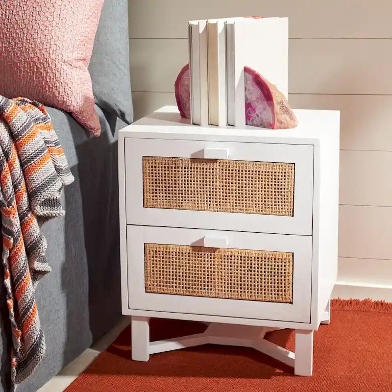 Rattan Panel 2-Drawer Mindi Wood Nightstand Accent Table Natural Brown