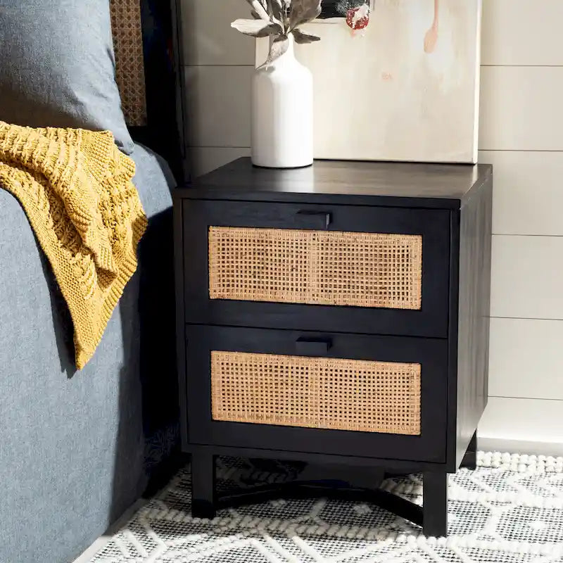 Rattan Panel 2-Drawer Mindi Wood Nightstand Accent Table Natural Brown
