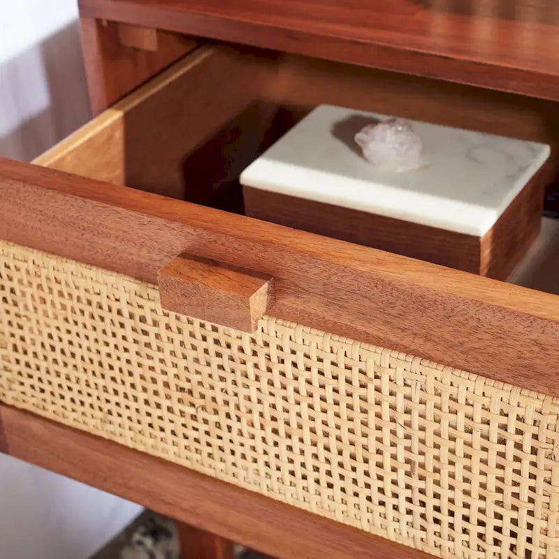 Rattan Panel 2-Drawer Mindi Wood Nightstand Accent Table Natural Brown