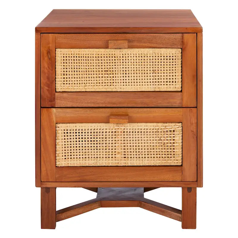 Rattan Panel 2-Drawer Mindi Wood Nightstand Accent Table Natural Brown