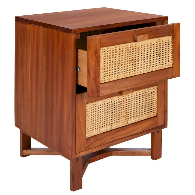 Rattan Panel 2-Drawer Mindi Wood Nightstand Accent Table Natural Brown