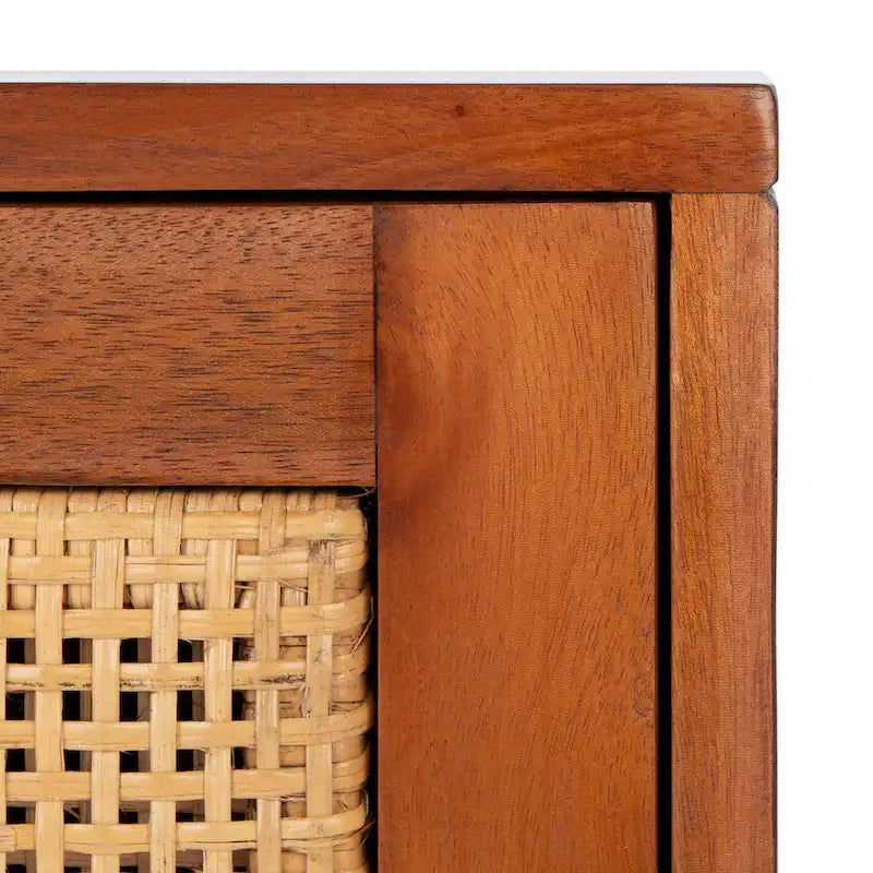 Rattan Panel 2-Drawer Mindi Wood Nightstand Accent Table Natural Brown