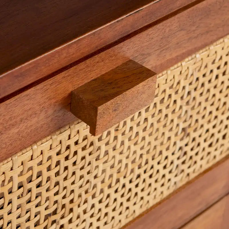 Rattan Panel 2-Drawer Mindi Wood Nightstand Accent Table Natural Brown