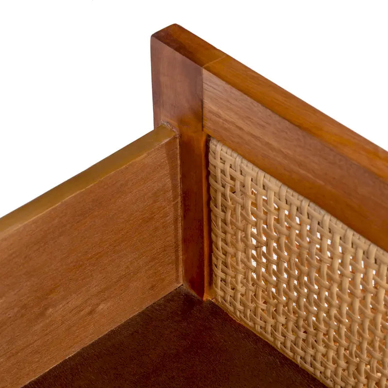 Rattan Panel 2-Drawer Mindi Wood Nightstand Accent Table Natural Brown