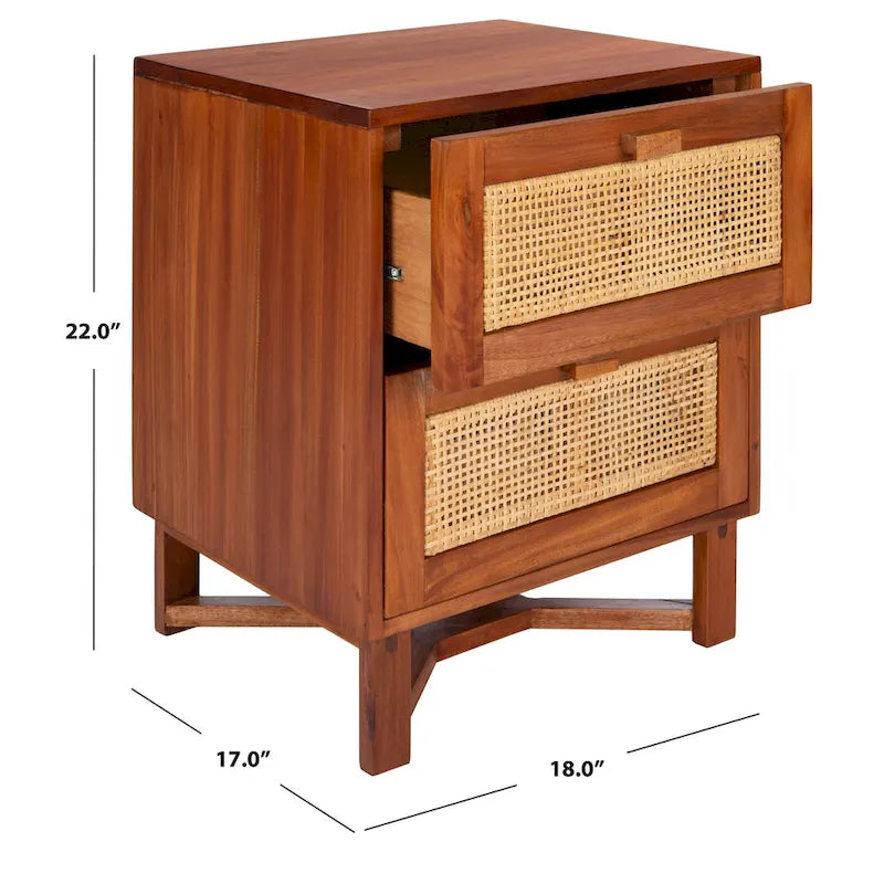 Rattan Panel 2-Drawer Mindi Wood Nightstand Accent Table Natural Brown