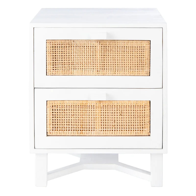 Rattan Panel 2-Drawer Mindi Wood Nightstand Accent Table Natural Brown
