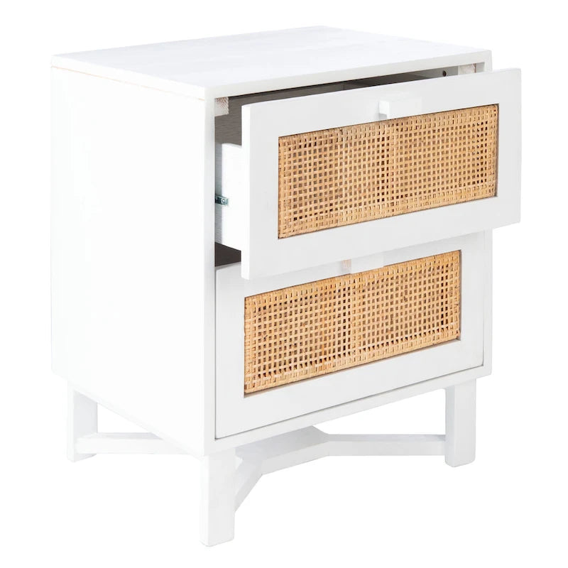 Rattan Panel 2-Drawer Mindi Wood Nightstand Accent Table Natural Brown