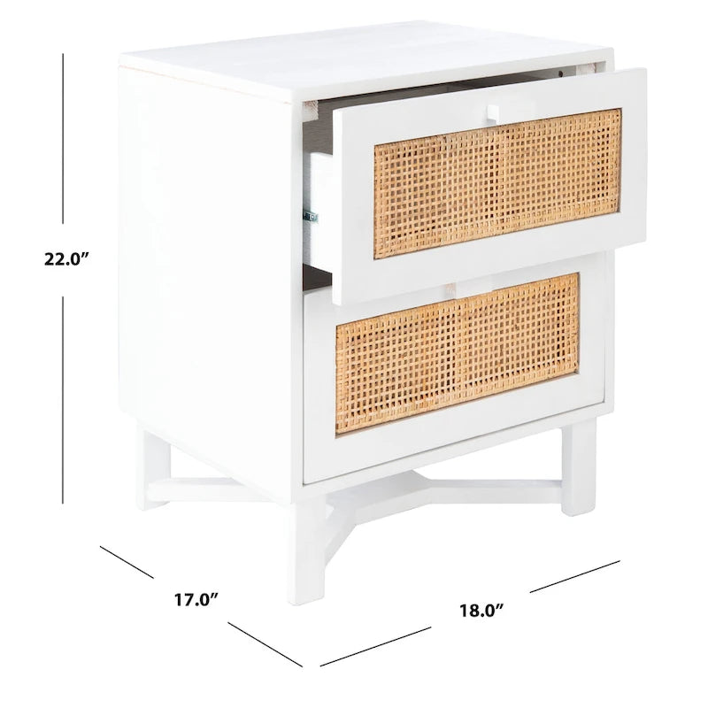 Rattan Panel 2-Drawer Mindi Wood Nightstand Accent Table Natural Brown