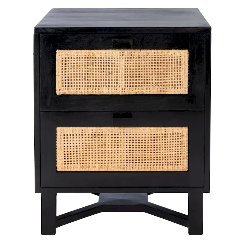 Rattan Panel 2-Drawer Mindi Wood Nightstand Accent Table Natural Brown