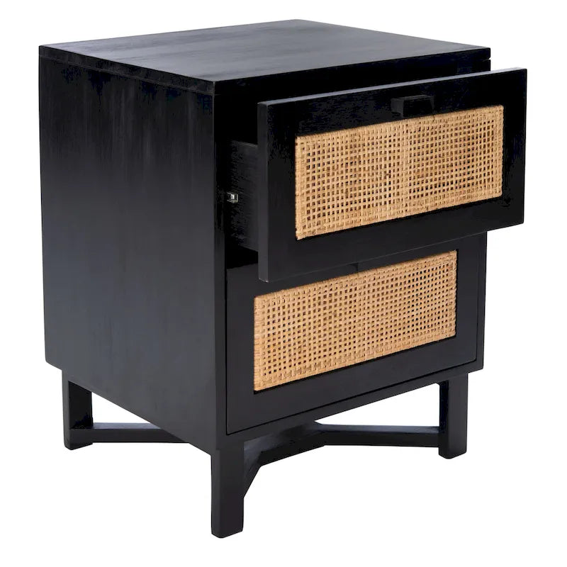 Rattan Panel 2-Drawer Mindi Wood Nightstand Accent Table Natural Brown